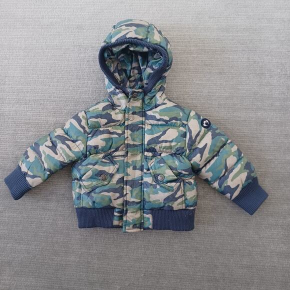 Appaman Mini Coat Baby 6-12M Boys Green Camo Full Zip Button Puffer Down Fill - Picture 1 of 9